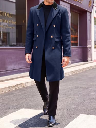 Runcati Mens Trench Coat Notch Lapel Double Breasted Casual Pea Coat Winter Warm Long Overcoat3