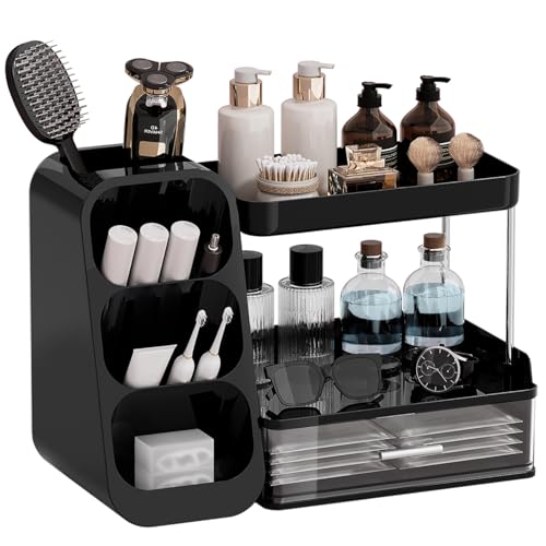 Image of UFORU Makeup Organizer for Vanity with Brush Holder, 2 Tiers Countertop Skincare, Cologne Organizer and Perfume Stand for Men Bathroom Vanity, Large Capacity Makeup Storage, Black