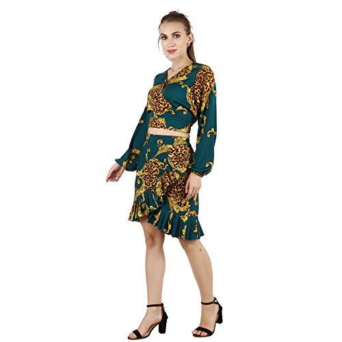 Image of POPWINGS Casual Dark Green Golden Animal Print Crop Top and Skirt Set for Women |Stylish Western Co-Ords Set | Summer Wear Co-ords for Women | V-Neck Crop Top Flare Knee-Length Skirt Set