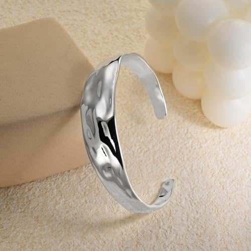 Sterling Silver Chunky Cuff Bracelet Vintage Hammered Texture Style Statement Open Bangle Bracelets for Women - Image 6