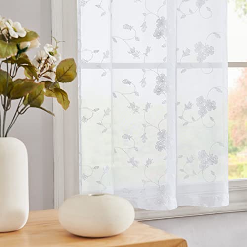 Lazzzy White Sheer Kitchen Curtains Cafe Curtains Floral Embroidered Voile Tiers Short Half Window Semi Sheer Tier Curtains Farmhouse Small Door Window Curtains 36 Inch Rod Pocket 2 Panels White #TOP4