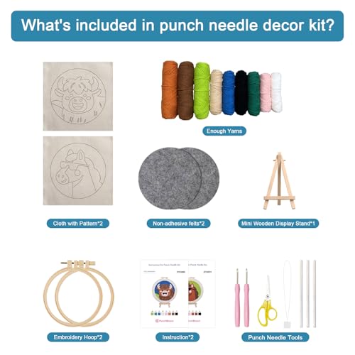 Image of Punch Needle Kit for Adult Beginner, 2-Pack Horse & Highland Cow Punch Embroidery Starter Set with Instructions - Yarn Needle Punch Craft for Xmas Gift Idea & Home Wall Decor