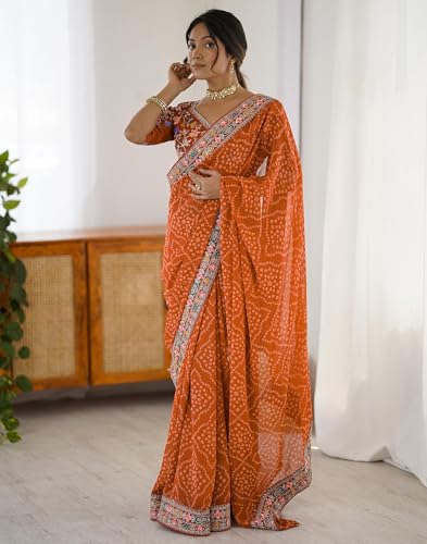 Image of SIRIL Women's Georgette Bandhani Printed Saree with Unstitched Blouse Piece