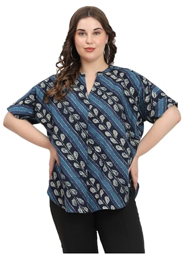 Image of SINDOORI Relaxed Fit Tops for Women Plus Size Solid Printed Mandarin Collar, Band Collar, V-Neck Top, Half Sleeve Loose Fit