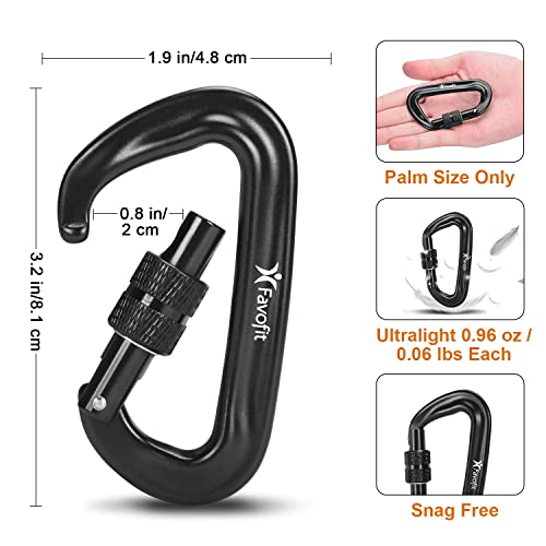 Favofit Locking Carabiner Clips, 4 Pack, 12KN (2697 lbs Each) Heavy Duty Caribeaners for Camping, Hiking, Outdoor & Gym etc, Small Carabiners for Dog Leash & Harness, Black