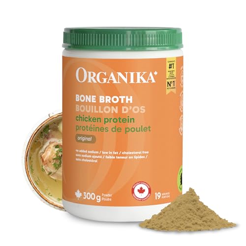 Organika - Organika Canadian-Made Chicken Bone Broth Powder-15g Protein Per Serving, Low-Sodium, Mineral-Rich, Convenient Powder Format, Easily Add to Recipes, Keto | Free-Run, Non-GMO and Organic Vegetarian Fed-Chickens- 300g