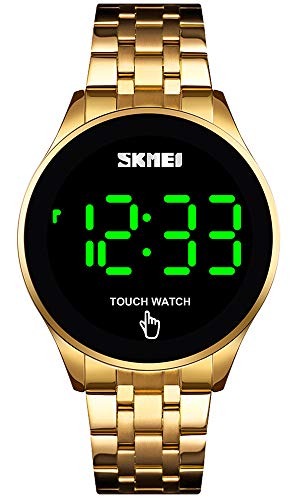 PASOY Touch Screen digital LED Watch Green highlight backlight Stainless Steel WatchBand Waterproof Casual Sport Mens Womens Boys Watch (Gold)