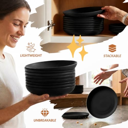 Image of Homienly Wheat Straw Plates Sets 8 PCS Unbreakable Plastic Plates for Party, Camping, Picnic, Stackable Deep Dinner Plates Set Microwave & Dishwasher Safe Kitchen Plates for Dessert (Black, 9 inch)