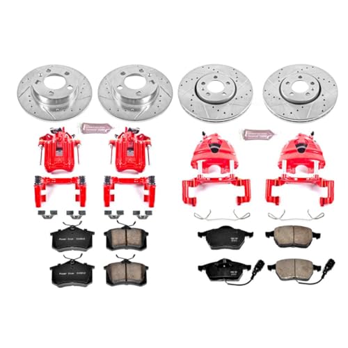 Image of PowerStop Front and Rear Brake & Caliper Kit for Volkswagen Jetta 2001-05 - Carbon-Fiber Ceramic Brake Pads + Drilled & Slotted Rotors + Red Powder Coated Calipers, KC899