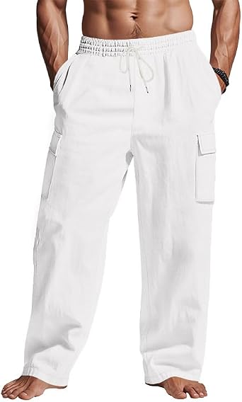 Mens Casual Cargo Pants Summer Vacation Lightweight Drawstring Pants Elastic Waist Beach Yoga Trousers with Pockets White