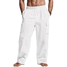 Mens Casual Cargo Pants Summer Vacation Lightweight Drawstring Pants Elastic Waist Beach Yoga Trousers with Pockets