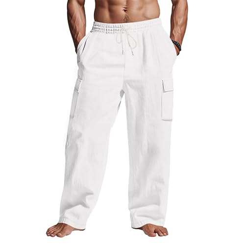 TRFIC Mens Casual Cargo Pants Summer Vacation Lightweight Drawstring Pants Elastic Waist Beach Yoga Trousers with Pockets White