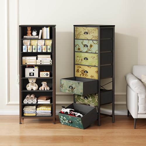 Furnulem Tall Dresser for Bedroom with 7 Fabric Drawers, Vintage Dressers & Chest of Drawers, Vertical Storage Tower Organizer Unit Retro Bedside Furniture in Closet,Living Room,Nusery,Dorm,Entryway