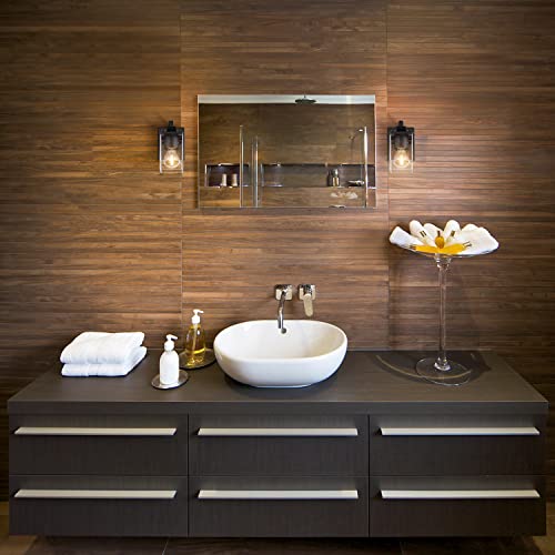 Image of Globe Electric 51675 Dakota 1-Light Vanity Light, Matte Black, Dark Faux Wood Accents, Clear Seeded Glass Shade