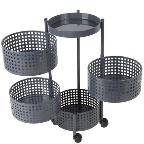 Image of 4-Tier Kitchen Carbon Steel Storage Rack - Grey | Durable & Sturdy Cart Organizer for Home & Kitchen | Vegetable, Fruits & Pantry Corner Rack | Multi-Layer Round Rack with Wheels