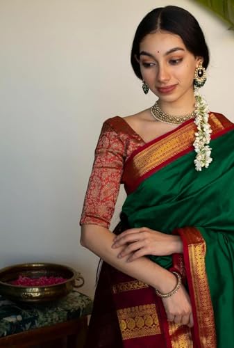 Image of ILAIYAAL CLOTHINGS Women's Kanjivaram Cotton Silk Saree South Indian Paithani Sari | gadwal cotton sarees with Zari Border and Blouse Piece - Suitable For All Indian Occasions and Festivals 191