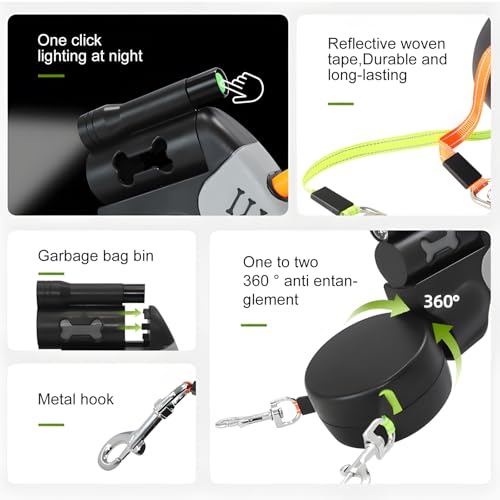 Einziehbare Rollleine 3m, Hundeleine Für Kleine & Mittelgroße Hunde, Doppelleine für 2 Hunde Mit Taschenlampe, Kotbeutelspender, Reflektierende Leine, 360° Anti-Verhedderung