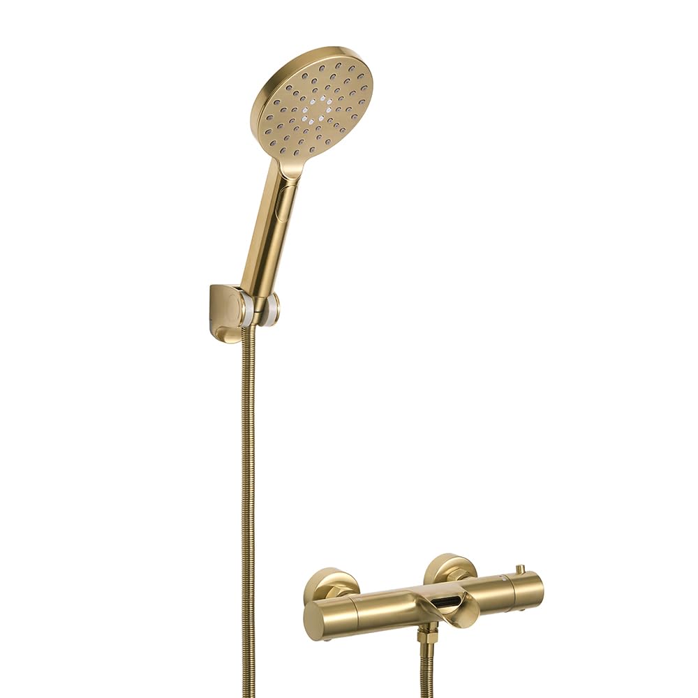 Milano Brushed Brass Arlo Round Thermostatic Bar Mixer Valve Multifunction Hand Shower Bath Spout - Brass