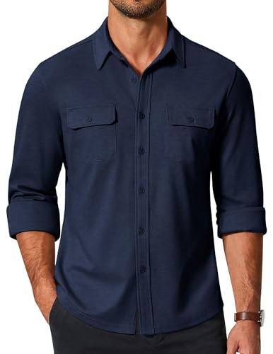 COOFANDY Mens Long Sleeve Wrinkle Free Shirts Casual Button Down Shirt with Pocket Navy Blue