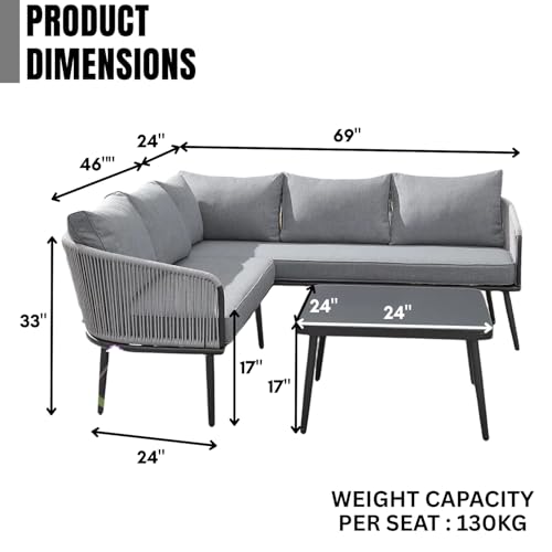 Image of DEVOKO Outdoor L-Shaped Conversation Sofa Set Rope Woven Design Patio Furniture Set Includes Cushions and Center Table (Grey)