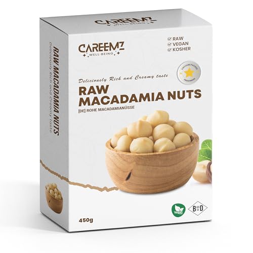 CAREEMZ Nueces de Macadamia crudas, sin sal, sin tostar, selladas al vacío para mayor frescura, el mejor refrigerio gourmet (450g, Cruda)