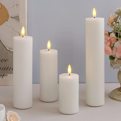 Image of LED 2.2 inch x4 inch 6 inch 8 inch 10 inch Battery Operated Remote Cycle Timer White Candles, Set of 4 Flameless Flickering Wax Pillar Dimmable Warm Light Fake Candles for Home Wedding Decor