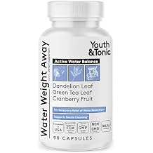 Youth & Tonic Water Pills for Fluid Retention Water Weight Away Natural Diuretic for Bloat Relief & Fluid Balance, Support for Swollen Legs & Feet with Potassium & Vitamin B6 90 Pills