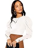 Milumia Women Puff Sleeve Button Round Neck Long Sleeve Tee Pullovers Tops White Small