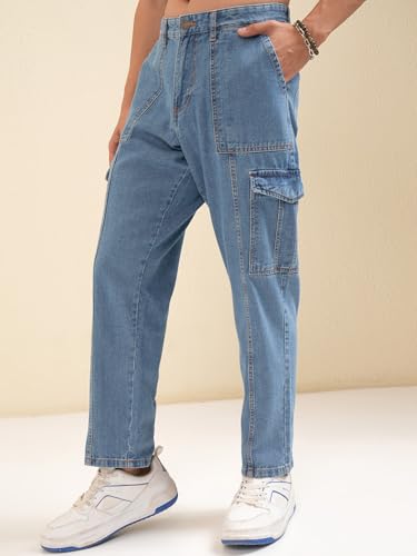 Image of Highlander Men's Relaxed-Fit Cargo Pocket Jeans | Clean Look | Cotton Comfort | Utility Style| Cargo Jeans for Man
