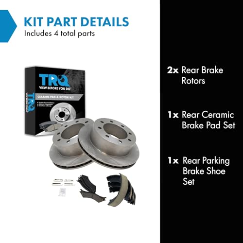 Image of TRQ Rear Brake Pad and Rotor Set Ceramic Parking Shoe Compatible with 1999-2002 Ford E-250 Econoline 2003-2004 E-250