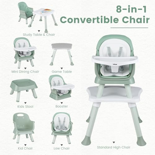 Image of INFANS 8 in 1 Baby High Chair, Convertible Highchair for Babies and Toddlers, Infant Dining Booster Seat, Building Block Table, Kids Stool Table Chair Set with Removable Tray (Green)