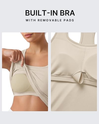 Image of G4Free Ribbed Removable Built in Bra Workout Tank Tops Woman Racerback Square Neck Yoga Top Lightweight Athletic Tanks