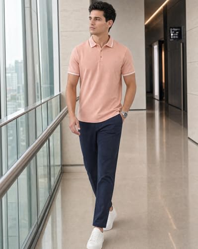 Image of NOBERO Men's Travel Polo T-Shirt | Premium Cotton Stretch Fabric | Anti-Odor & Water-Repellent | UPF 50+ Sun Protection | Regular Fit Polo Collar Casual Wear