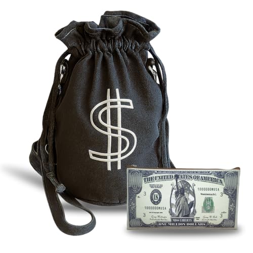 Denim Drawstring Backpack with Coin pouch, Large Money Dollar Sign Bucket Rucksack, Lightweight Sport Bags (Black)