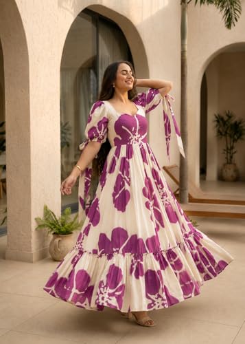Image of Modestouze Attires Women's Floral Pattern Rayon Blend Maxi Dress with Sweetheart Neck Half Puff Sleeve Floor Length and Zipper Closure Type | Maxi Dress for Women Stylish | Dress for Women