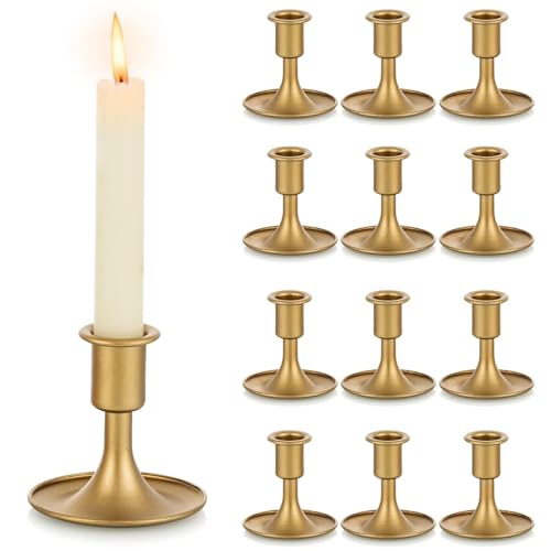 Gold Taper Candle Holder Set of 12, Hewory Short Skinny Brass Candlestick Holders...