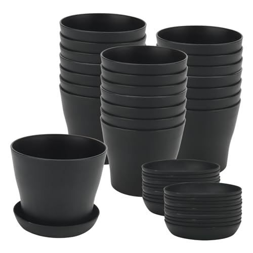 ZEONHAK 24 Pack 10cm Black Round Small Plant Pot with Saucer, 4 Inch Mini Plastic Garden Flower Planter Pots for Plants, Succulents, Seed Nursery