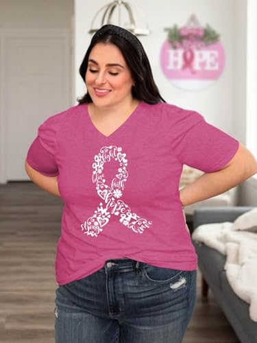 Plus Size Breast Cancer Shirts for Women Breast Cancer Awareness T-Shirts Pink Ribbons V Neck Tee Tops4