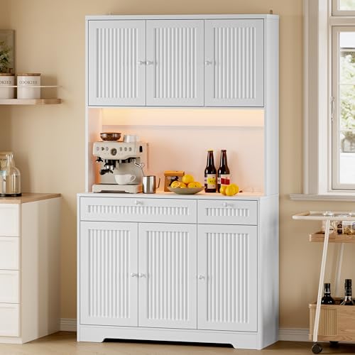 Image of BORNOON Pantry Cabinet with Charging Station and Light, Tall Kitchen Pantry Storage Cabinet with Microwave Stand, Wide Fluted Kitchen Hutch with Storage Drawers and Adjustable Shelves for Dining Room