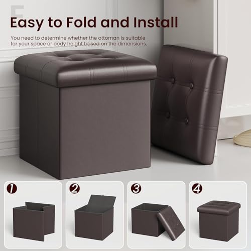 Image of AR Mall 15 Inches Storage Ottoman Cube, Foldable Storage Boxes Footrest Step Stool, Padded Seat for Dorm Living Room Laundry Storage Space, Bed Storage Seat, Toys Storage (38X38X38 CM) (BROWN LEATHER)