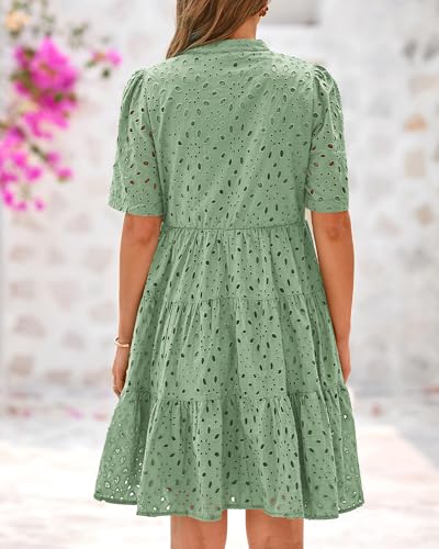 Image of BTFBM Womens Boho Summer Dresses 2026 Spring V Neck Short Sleeve Hollow Out Lace Ruffle Casual Beach Mini Vacation Dress