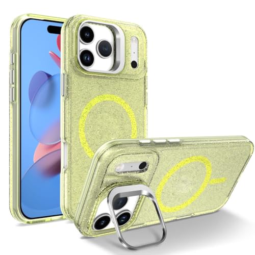 Coque iPhone 17 Pro Max jaune translucide pailletée avec support et cadre objectif antichoc