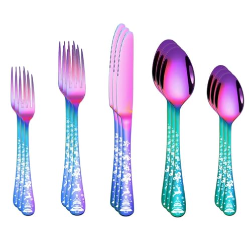 Image of Spoon Set, Stainless Steel Flatware Utensils Cutlery Including Steak Knife /Fork and Spoon, Gift Package for Wedding & Housewarming & Dishwasher Safe (15 Pieces, Color : Rainbow)