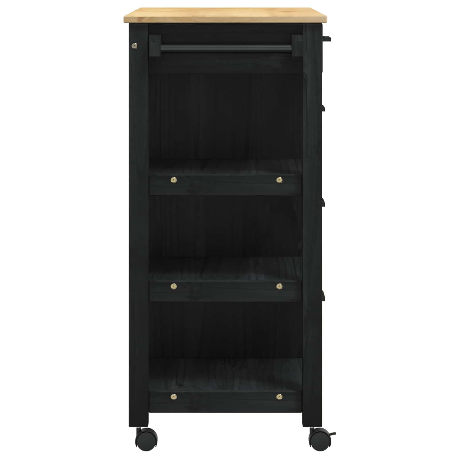 Chariot de Cuisine en Pin Massif Noir 84x40x88,5 cm avec Roulettes