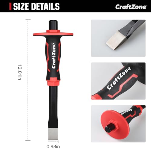 Image of Masonry Chisel, Heavy Duty Flat End Rock Concrete Mortar Stone Brick Chisel with Protective Hand Guard for Breaking Carving Splitting Cutting Mason Tools (12-Inch)