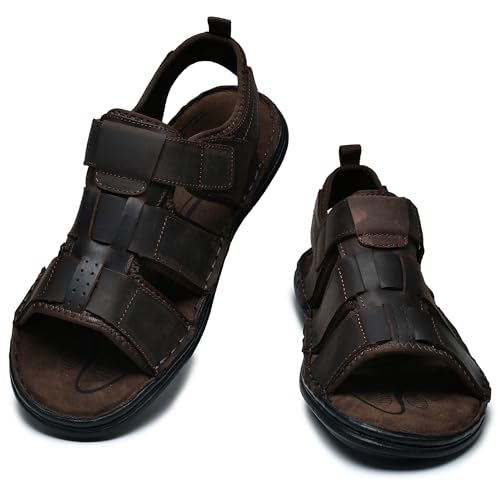 Image of ArcBrothers Men's Premium Leather Sandals - Classic Roman Style Open Toe Sandals - Cushioned Heel, Non-Slip & Sturdy Support