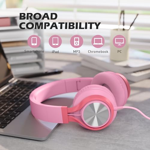 Image of AILIHEN C8 Girls Headphones, On-Ear Headphones Wired with Microphone and Volume Control Foldable Corded Stereo 3.5mm Headset for Girls School Chromebook Laptop Computer PC Tablets Travel (Pink)