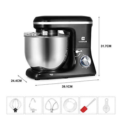 COSVALVE Küchenmaschine Knetmaschine 1400W, 7L Edelstahlschüssel mit Rührbesen, Knethaken, Schlagbesen, Spritzschutz, 6 Geschwindigkeit mit Geräuschlos Teigmaschine (Schwarz) – Bild 3