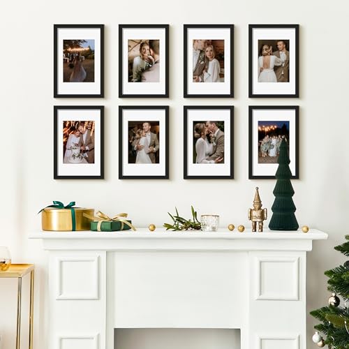 Image of upsimples 8x12 Picture Frame Set of 10, Display Pictures 6x8 with Mat or 8x12 Without, Multi Photo Frames Collage for Wall or Tabletop Display, Black