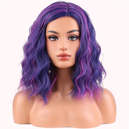 Image of BERON Blue Mixed Pink Wigs for Women Girls Pink and Blue Side Part Short Curly Wavy Wig Shoulder Length Body Wave Halloween Cosplay Daily Party Wigs